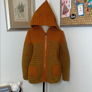 Handmade Two-Tone Hooded Heavy Crochet Cardigan - Rust & Olive Sz. XS
